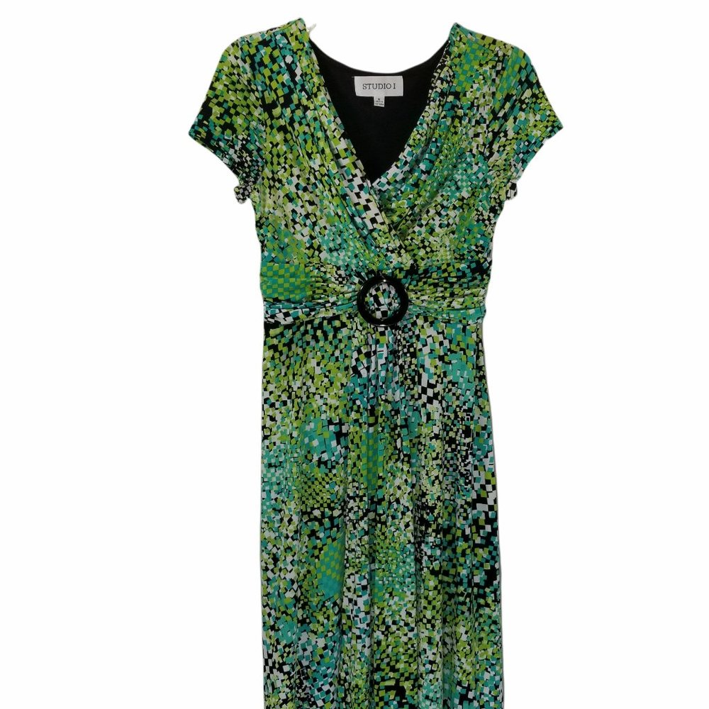 STUDIO1 Dress Women Green Multi Color Short Sleeve V-Neck Waist Detail Size 8